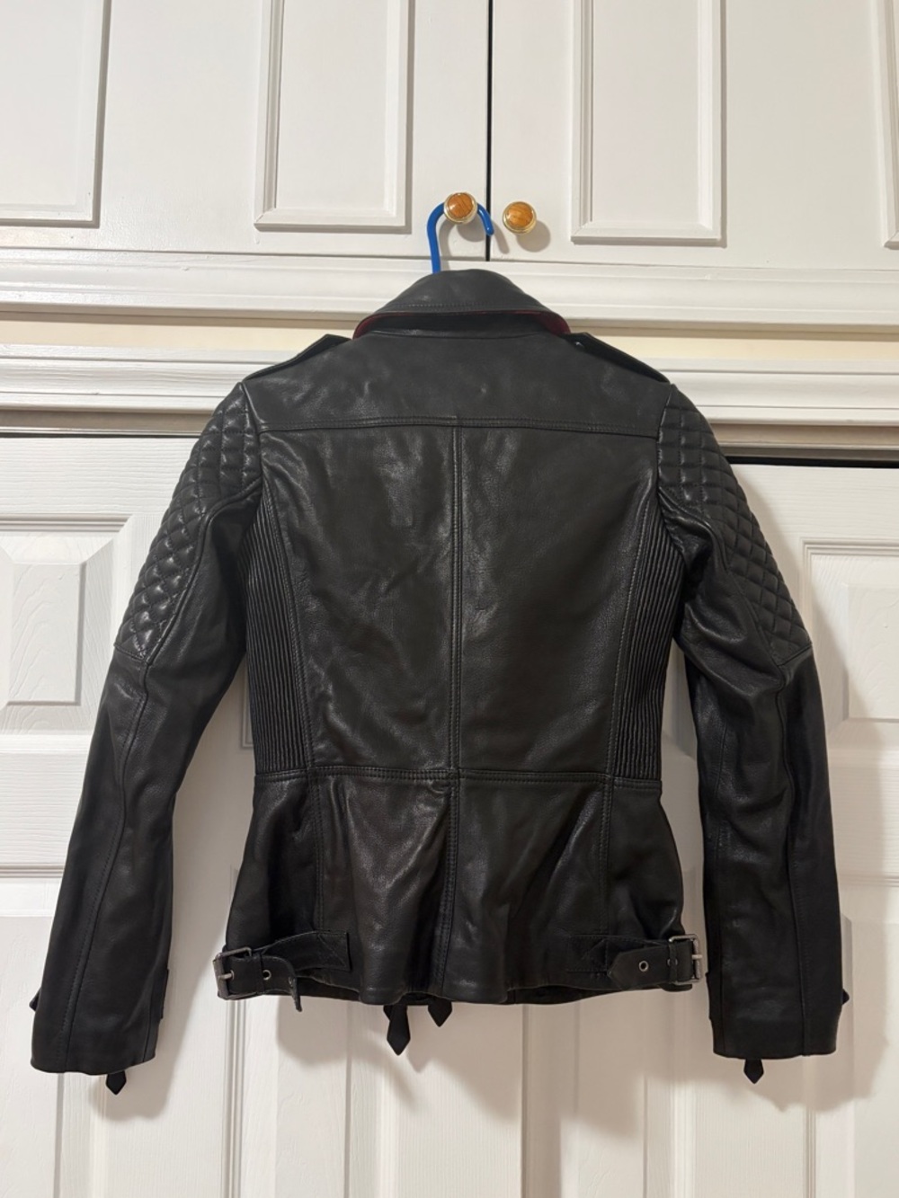 Burberry Black Quilted Shoulder Leather Moto Jacket with Red Lining - Picture 3 of 6